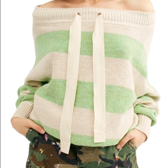 FREE PEOPLE Women’s “Cassidy” Green & White Striped Off Shoulder Tie Pullover XS - Picture 9 of 10